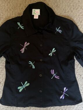 Bamboo Traders Black Shirt/Jacket With Whimsical Dragonfly Embroidery